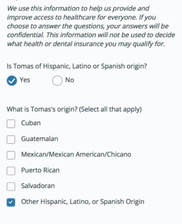 Screenshot of the interface for coveredca.com displaying a respondent’s selection for being of Hispanic, Latino or Spanish origin